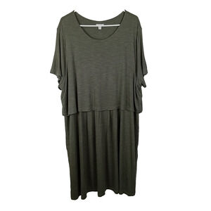 J Jill Women's Layered Short Sleeve Dress 3X Olive Green Round Neck Stretch